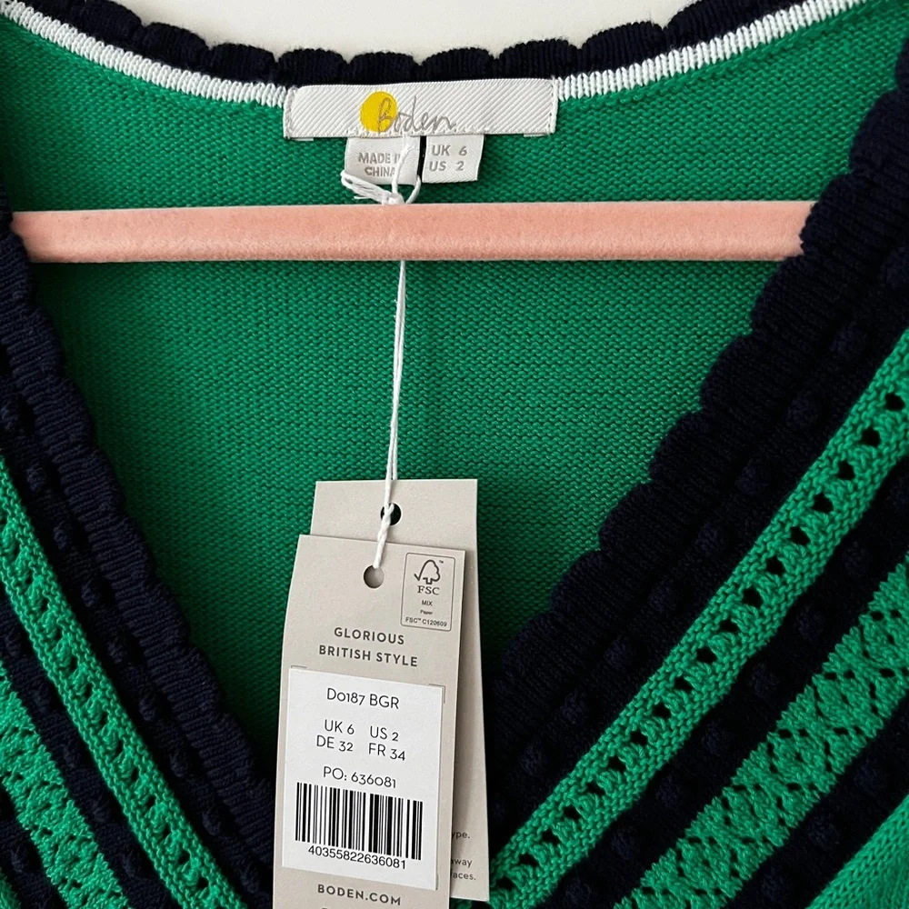 Boden $180 Green Navy V Neck Knitted Cotton Jumper Midi Dress UK6 US2 - Picture 3 of 4